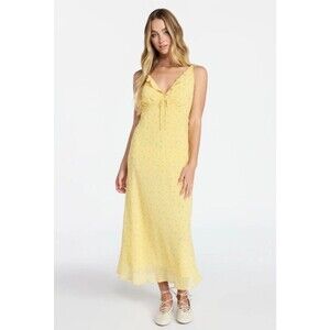 Yellow Sleeveless Midi Dress Ruffle Babydoll XS Slip Silky Long Fairy Cottage